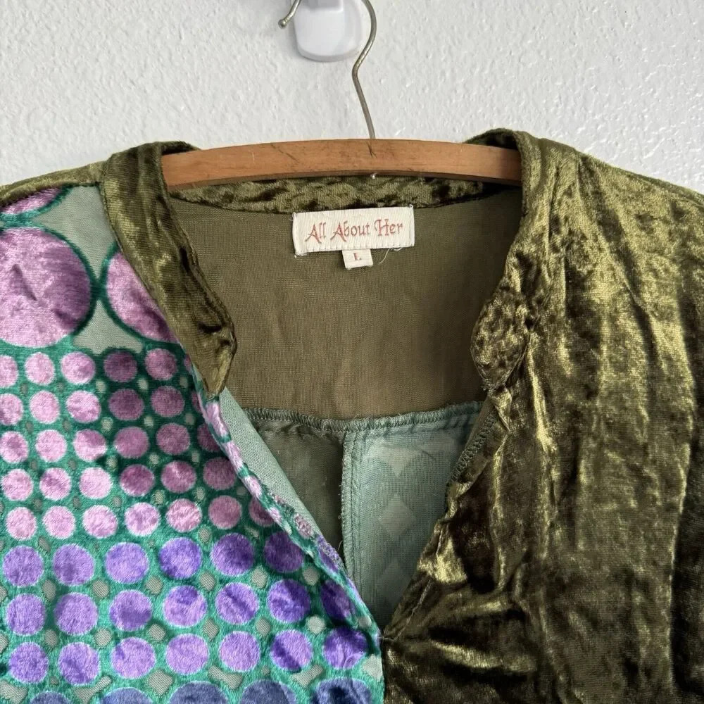 🩵All About Her Burned  Out Velvet  Tunic Patchwork Artsy Velvet Boho Size Large - Picture 4 of 11